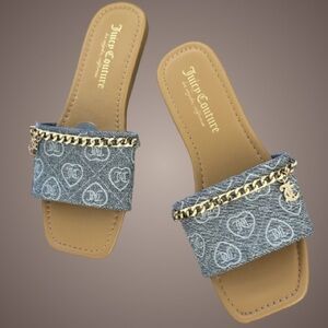 NWT Juicy Couture Quilted Denim Slides With Gold-Tone Chain & Charm Detail | 7